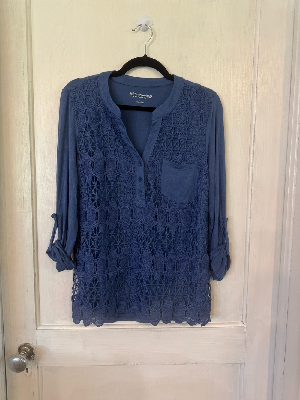 Soft Surroundings Indigo Crochet-Front Henley Tunic